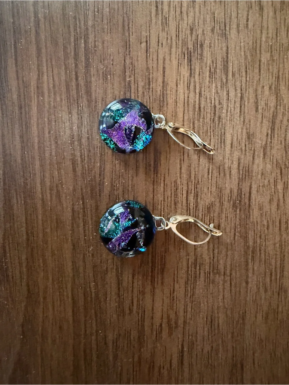 Dichroic Glass Drop Earrings in Purple & Teal with Gold Hooks